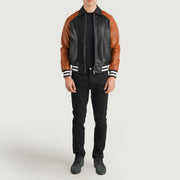 Walton Blue Leather Varsity Jacket - Lateral Side Profile View Showing Sleeve Cut &amp; Athletic Taper Fit