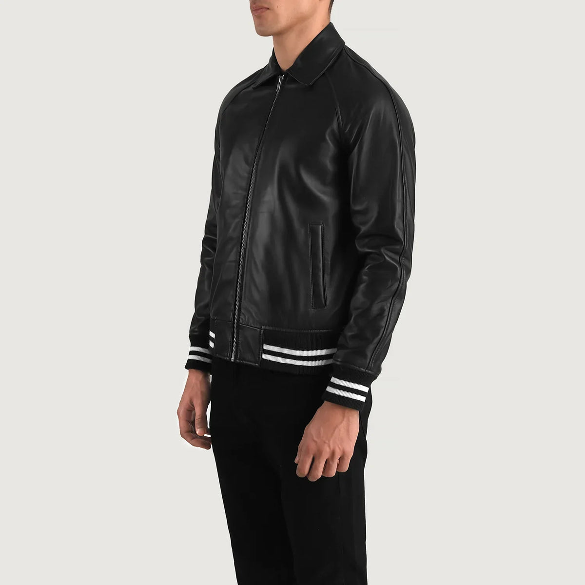 Styled Fit Perspective of Walton Blue Leather Varsity Jacket on Model - Natural Daylight Drape