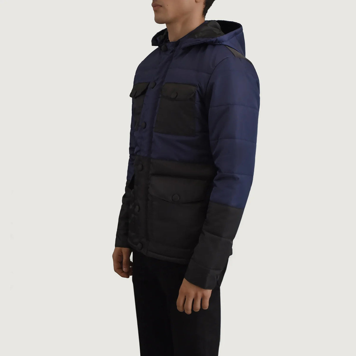 
Black + Blue Full-Grain Leather Hooded Jacket - Back View Showing Tailored Shoulder Fit & Clean Hemline