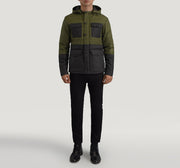 
Wayne Black & Green Hooded Puffer Jacket - Lateral Side Profile View Showing Sleeve Cut & Athletic Taper Fit