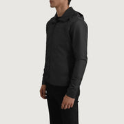 
Black Full-Grain Leather Hooded Jacket - Back View Showing Tailored Shoulder Fit & Clean Hemline
