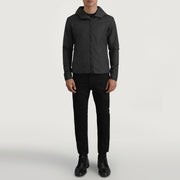 
Wesley Black Hooded Windbreaker Jacket - Lateral Side Profile View Showing Sleeve Cut & Athletic Taper Fit