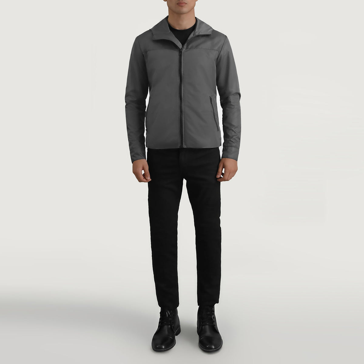 
Wesley Grey Hooded Windbreaker Jacket - Lateral Side Profile View Showing Sleeve Cut & Athletic Taper Fit
