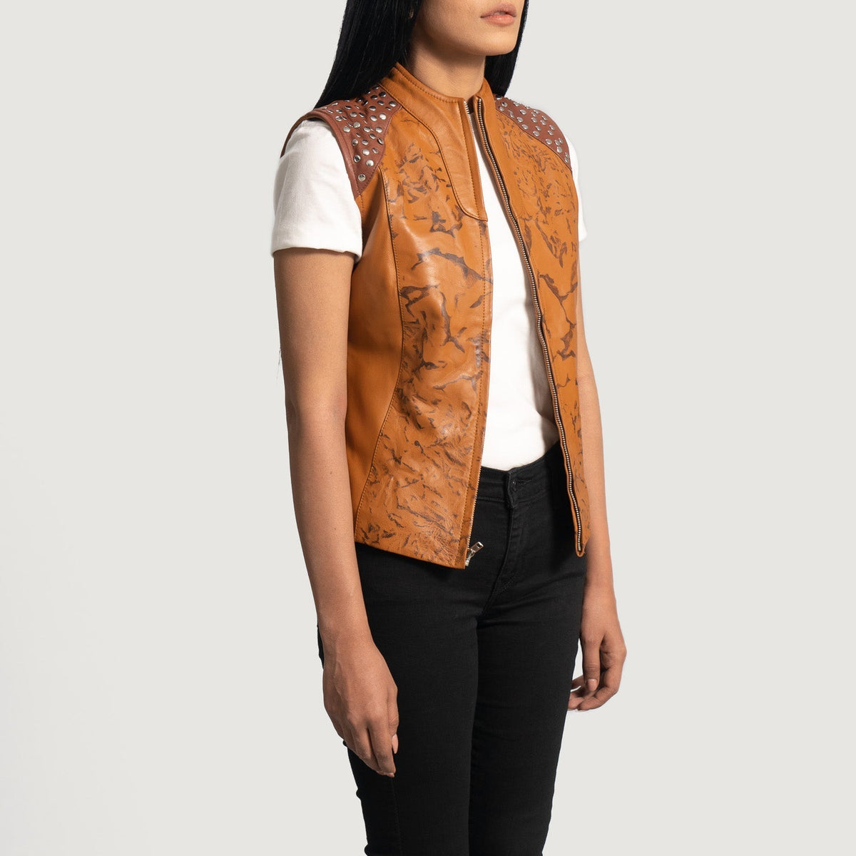 
Tan Brown Sheepskin Dip &Amp; Dye Leather Vest - Back View Showing Tailored Shoulder Fit & Clean Hemline