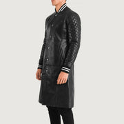 Black Sheepskin Leather Varsity Jacket - Back View Showing Tailored Shoulder Fit &amp; Clean Hemline