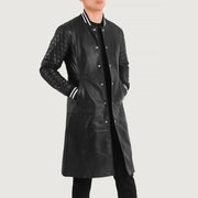 Wilde Black Leather Varsity Coat - Lateral Side Profile View Showing Sleeve Cut &amp; Athletic Taper Fit