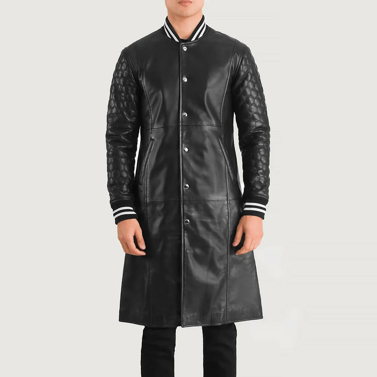 Close-Up Detail of Varsity collar &amp; Snap Button button Hardware on Wilde Black Leather Varsity Coat