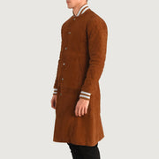 
Tan Bown Goatskin Suede Varsity Jacket - Back View Showing Tailored Shoulder Fit & Clean Hemline