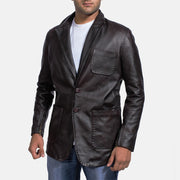 Men's Wine Black Leather Blazer in Dark Brown Cow Hide Leather - Front Profile View &amp; Tailored Silhouette | Buy Online