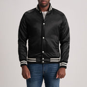 Xander Black Varsity Jacket in Black Satin - Front Profile View &amp; Tailored Silhouette | Buy Online