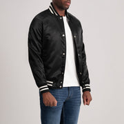 Black Satin Varsity Jacket - Back View Showing Tailored Shoulder Fit &amp; Clean Hemline