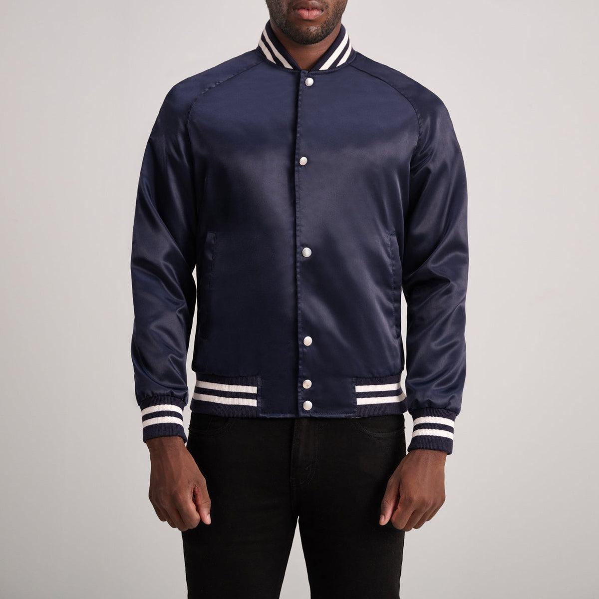 Xander Blue Varsity Jacket in Blue Satin - Front Profile View &amp; Tailored Silhouette | Buy Online