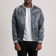 Xander Grey Varsity Jacket - Lateral Side Profile View Showing Sleeve Cut &amp; Athletic Taper Fit