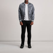Close-Up Detail of Varsity &amp; Button Hardware on Xander Grey Varsity Jacket
