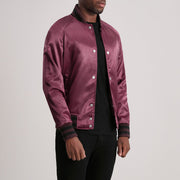 Maroon Satin Varsity Jacket - Back View Showing Tailored Shoulder Fit &amp; Clean Hemline