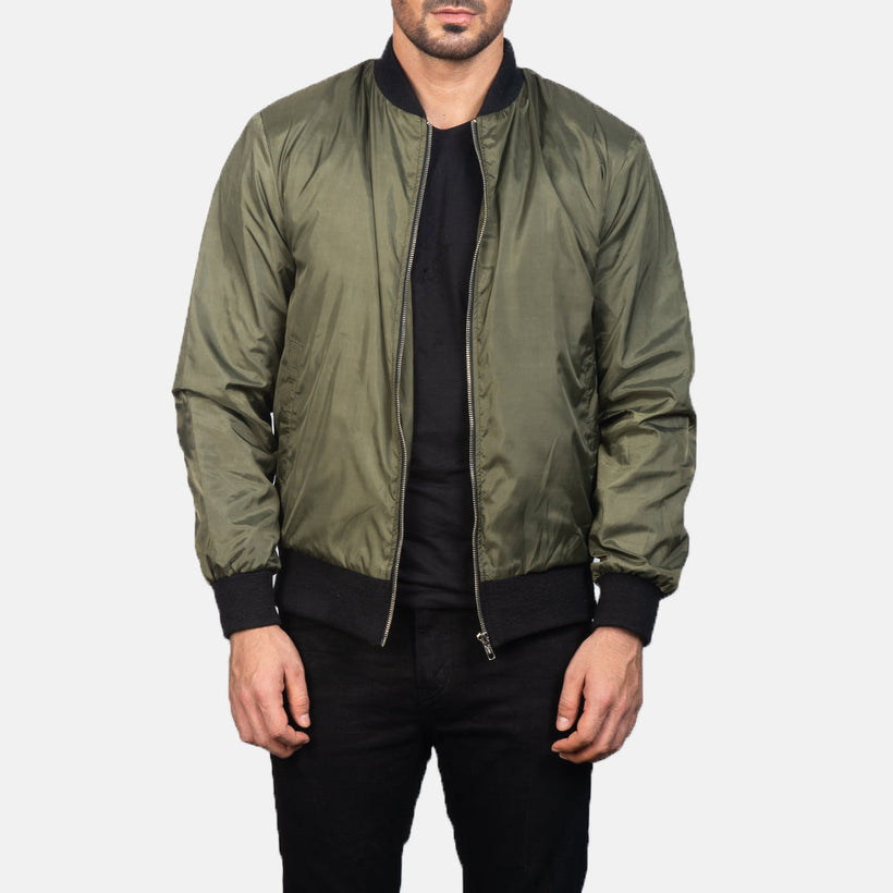 Men's Zack Green Bomber Jacket in Green Nylon - Front Profile View & Tailored Silhouette | Buy Online
