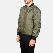 Green Nylon Bomber Jacket - Back View Showing Tailored Shoulder Fit &amp; Clean Hemline