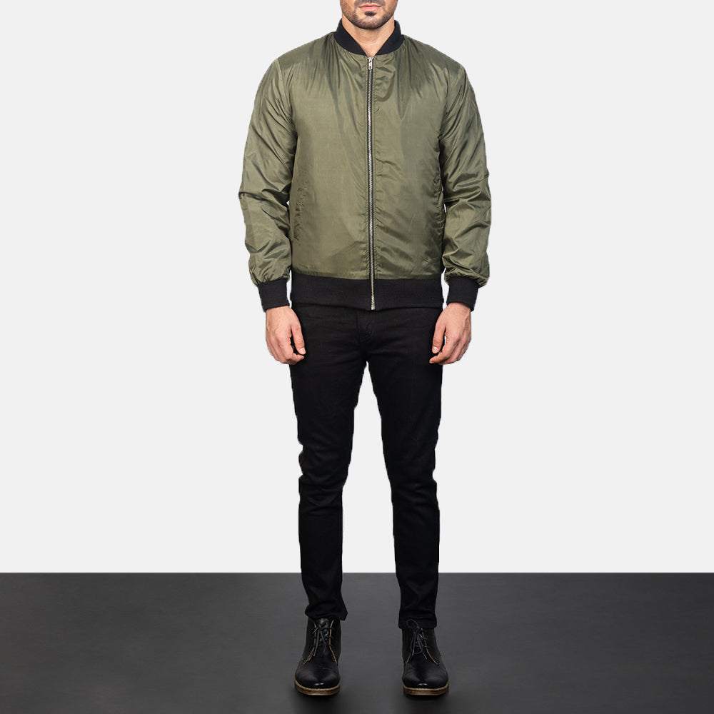 Men's Zack Green Bomber Jacket - Lateral Side Profile View Showing Sleeve Cut &amp; Athletic Taper Fit