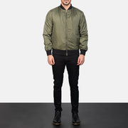 Men's Zack Green Bomber Jacket - Lateral Side Profile View Showing Sleeve Cut &amp; Athletic Taper Fit