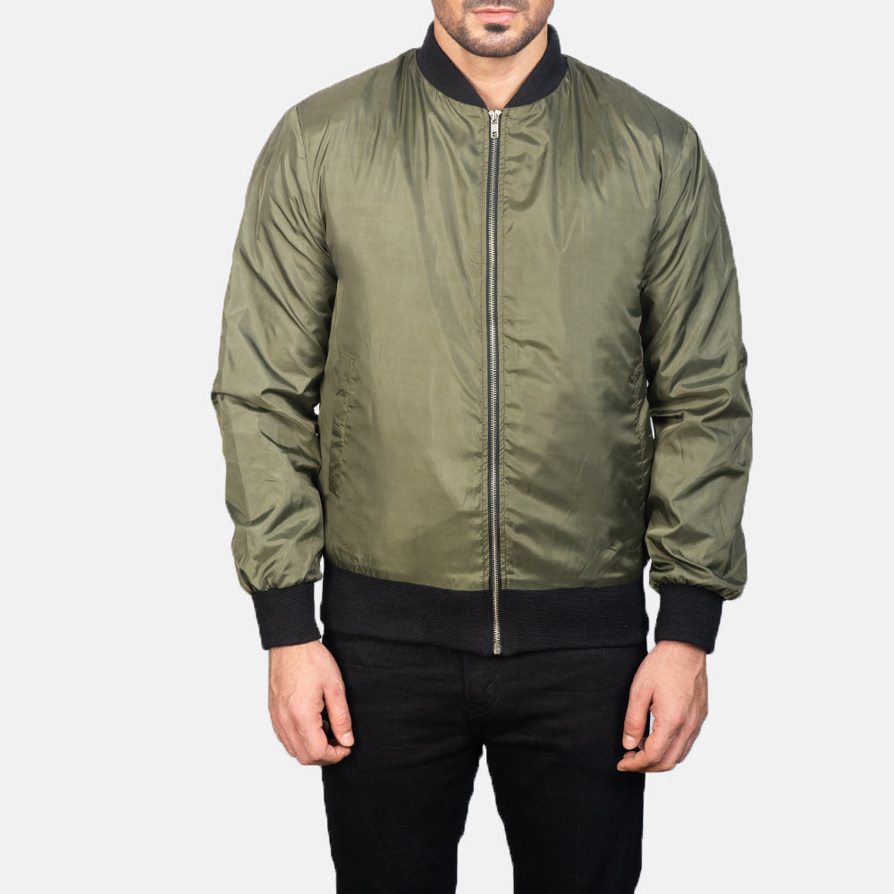 Close-Up Detail of Varsity &amp; Zipper Hardware on Men's Zack Green Bomber Jacket