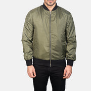 Close-Up Detail of Varsity &amp; Zipper Hardware on Men's Zack Green Bomber Jacket