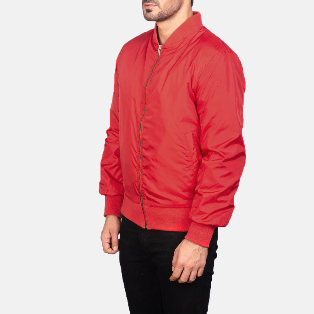 Red Nylon Bomber Jacket - Back View Showing Tailored Shoulder Fit &amp; Clean Hemline