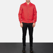 Men's Zack Red Bomber Jacket - Lateral Side Profile View Showing Sleeve Cut &amp; Athletic Taper Fit