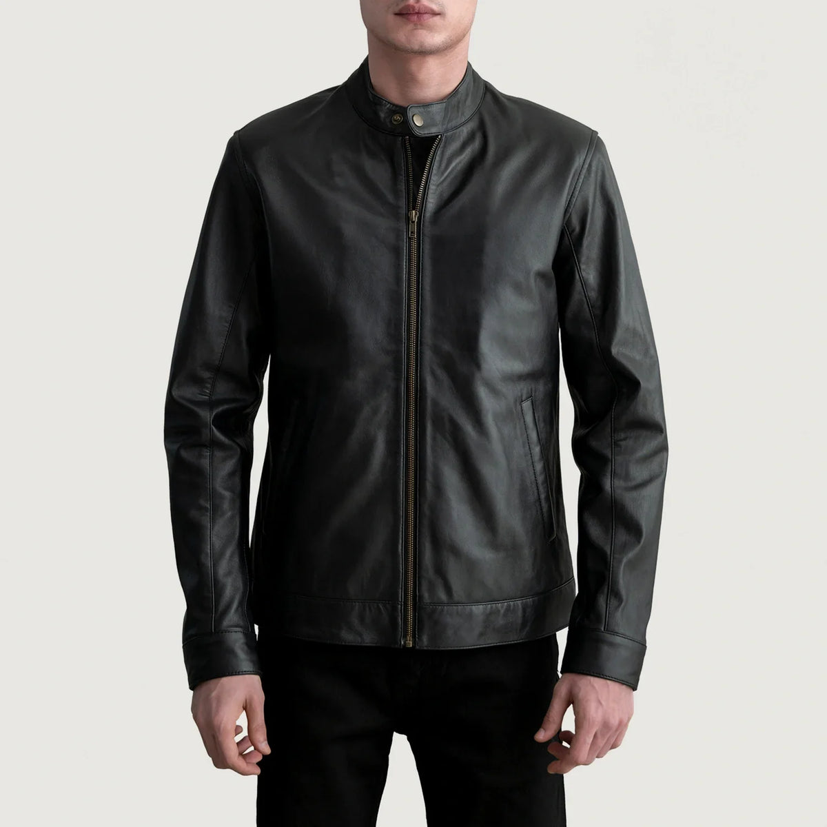 Zen Black Leather Biker Jacket in Black Sheepskin Leather - Front Profile View &amp; Tailored Silhouette | Buy Online