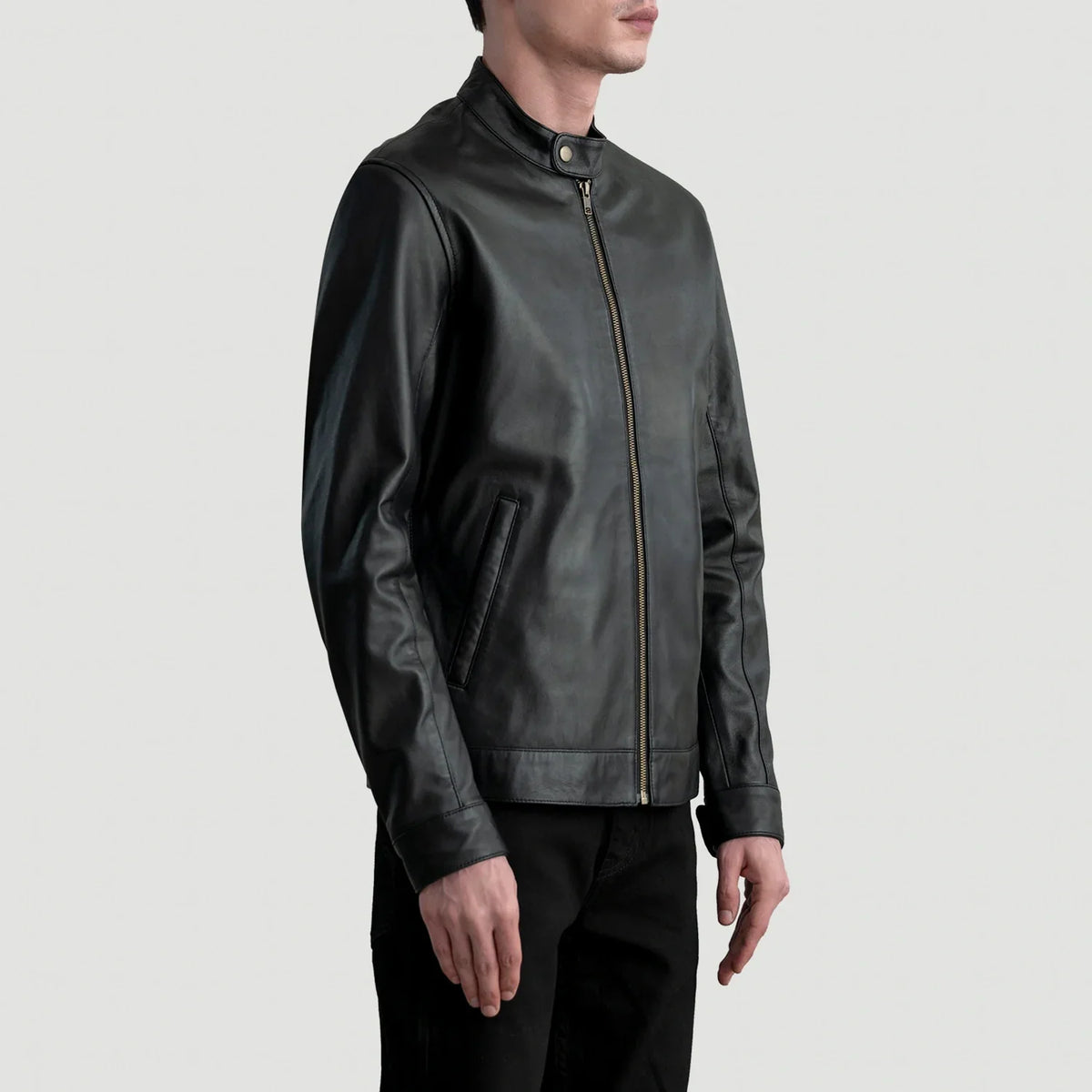 Black Sheepskin Leather Biker Jacket - Back View Showing Tailored Shoulder Fit &amp; Clean Hemline