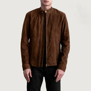 Zen Brown Suede Biker Jacket in Brown Goatskin Suede - Front Profile View &amp; Tailored Silhouette | Buy Online