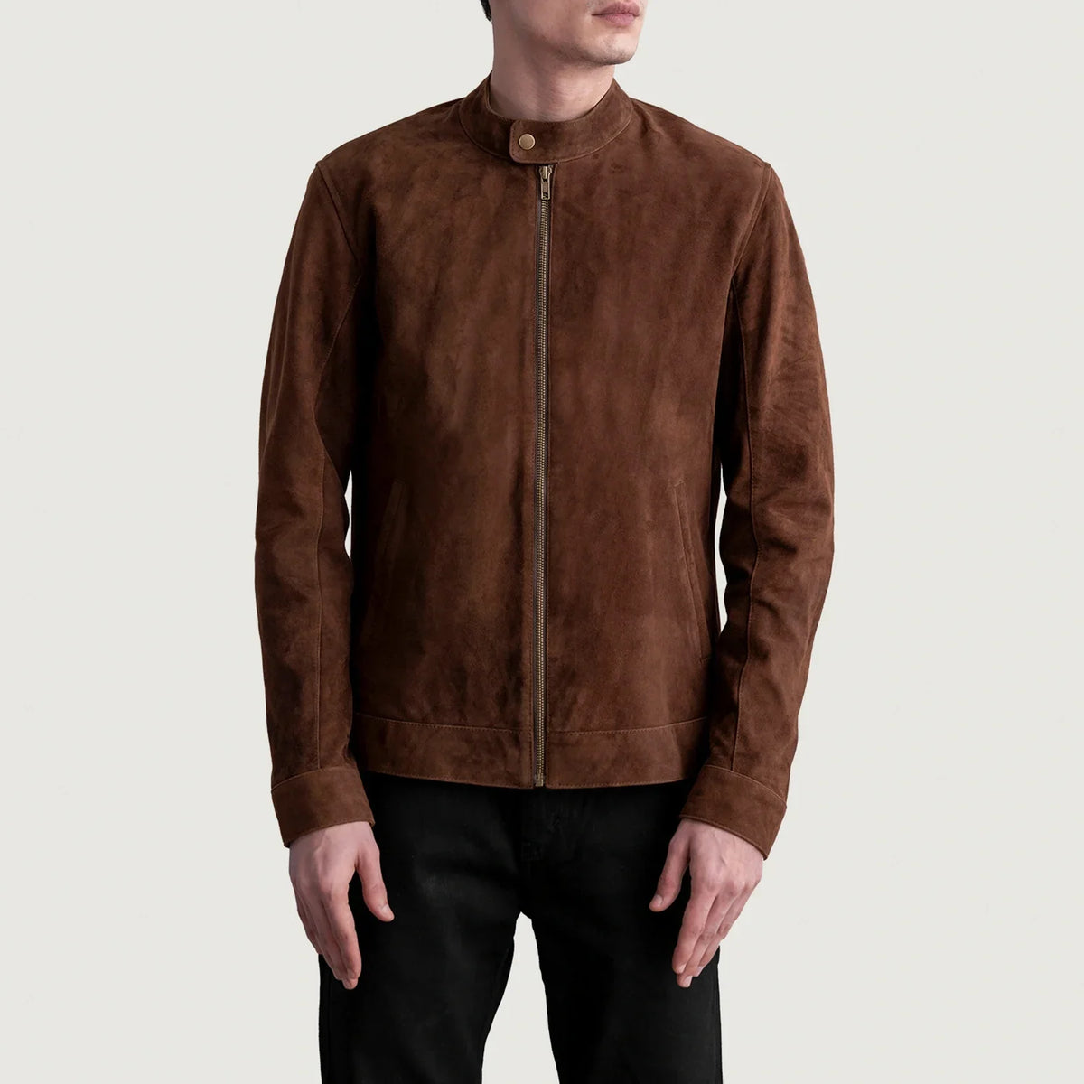 Zen Brown Suede Biker Jacket - Lateral Side Profile View Showing Sleeve Cut &amp; Athletic Taper Fit