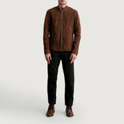 Close-Up Detail of Snap Button &amp; Zipper Hardware on Zen Brown Suede Biker Jacket