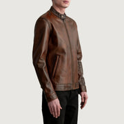 
Distressed Brown Sheepskin Leather Biker Jacket - Back View Showing Tailored Shoulder Fit & Clean Hemline