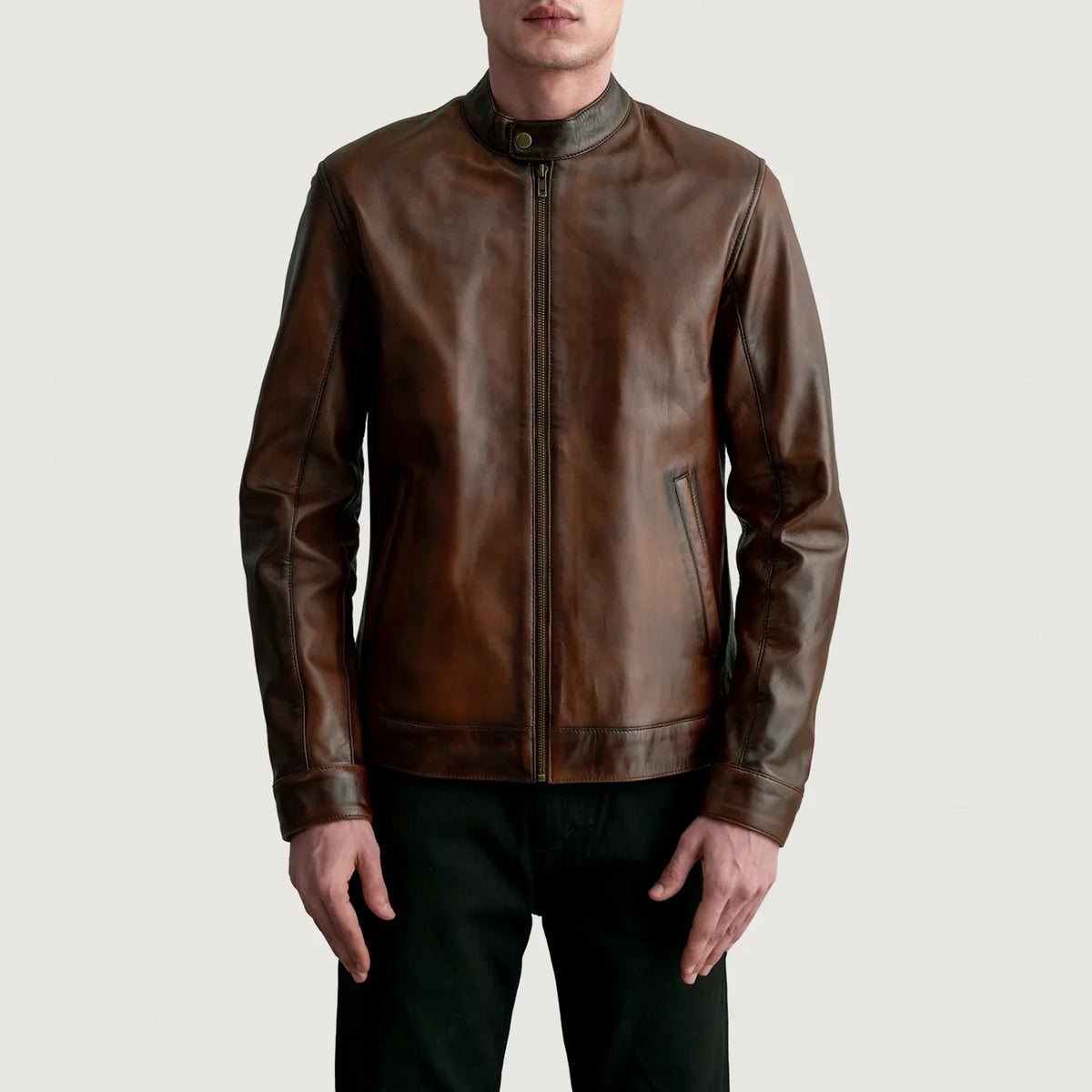 
Zen Distressed Brown Leather Biker Jacket - Lateral Side Profile View Showing Sleeve Cut & Athletic Taper Fit