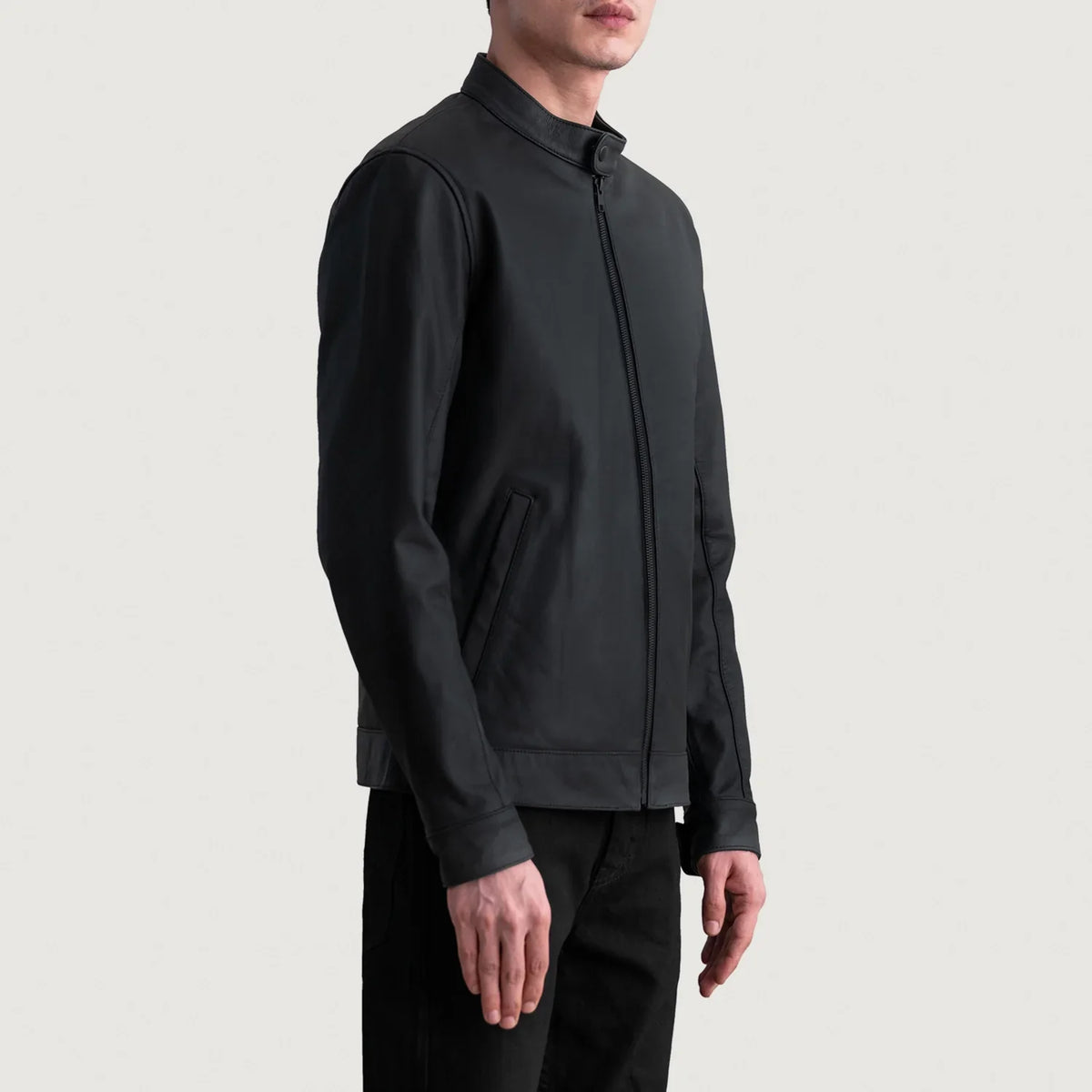
Matte Black Cowhide Leather Biker Jacket - Back View Showing Tailored Shoulder Fit & Clean Hemline