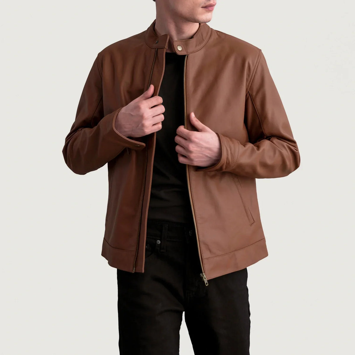 Zen Matte Brown Leather Biker Jacket in Matte Brown Cowhide Leather - Front Profile View &amp; Tailored Silhouette | Buy Online