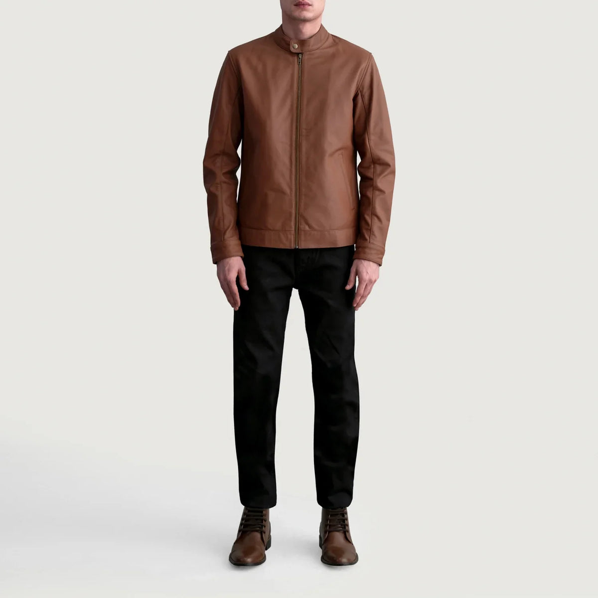 Close-Up Detail of Snap Button &amp; Zipper Hardware on Zen Matte Brown Leather Biker Jacket