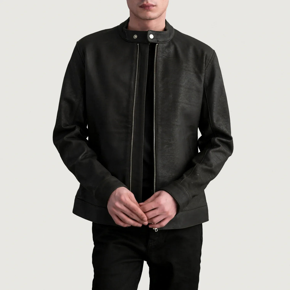 
Zen Tumbled Brown Leather Biker Jacket in Tumbled Brown Sheepskin Leather - Front Profile View & Tailored Silhouette | Buy Online