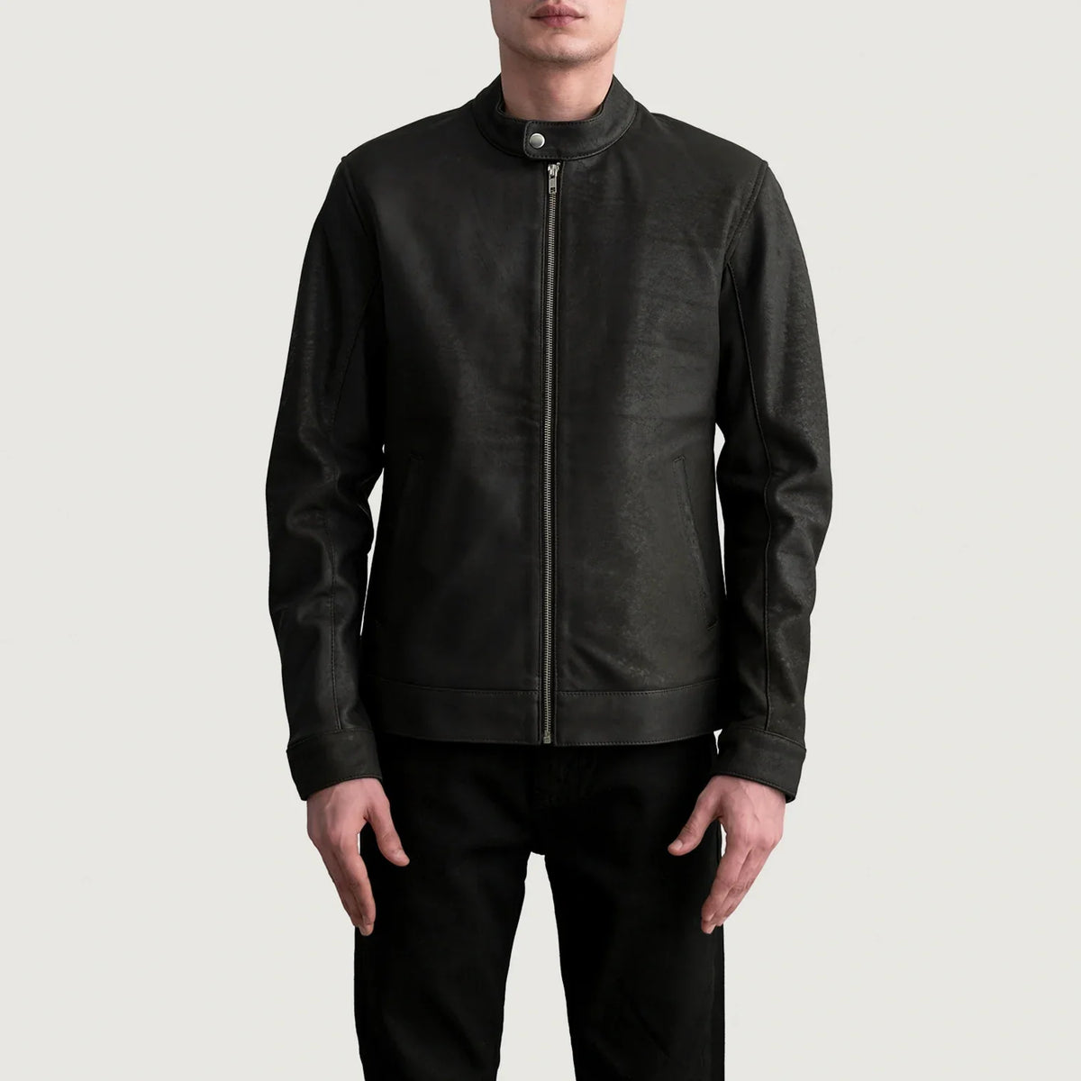 
Zen Tumbled Brown Leather Biker Jacket - Lateral Side Profile View Showing Sleeve Cut & Athletic Taper Fit
