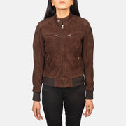 
Close-Up Detail of Band with Snap Button & Zipper Hardware on Women's Zenna Mocha Suede Bomber Jacket