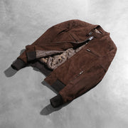 
Styled Fit Perspective of Women's Zenna Mocha Suede Bomber Jacket on Model - Natural Daylight Drape