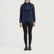 Zest Blue Hooded Suede Pullover Jacket - Lateral Side Profile View Showing Sleeve Cut &amp; Athletic Taper Fit