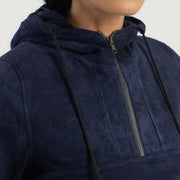 Close-Up Detail of Classic Collar &amp; Heavy-Duty Zipper Hardware on Zest Blue Hooded Suede Pullover Jacket